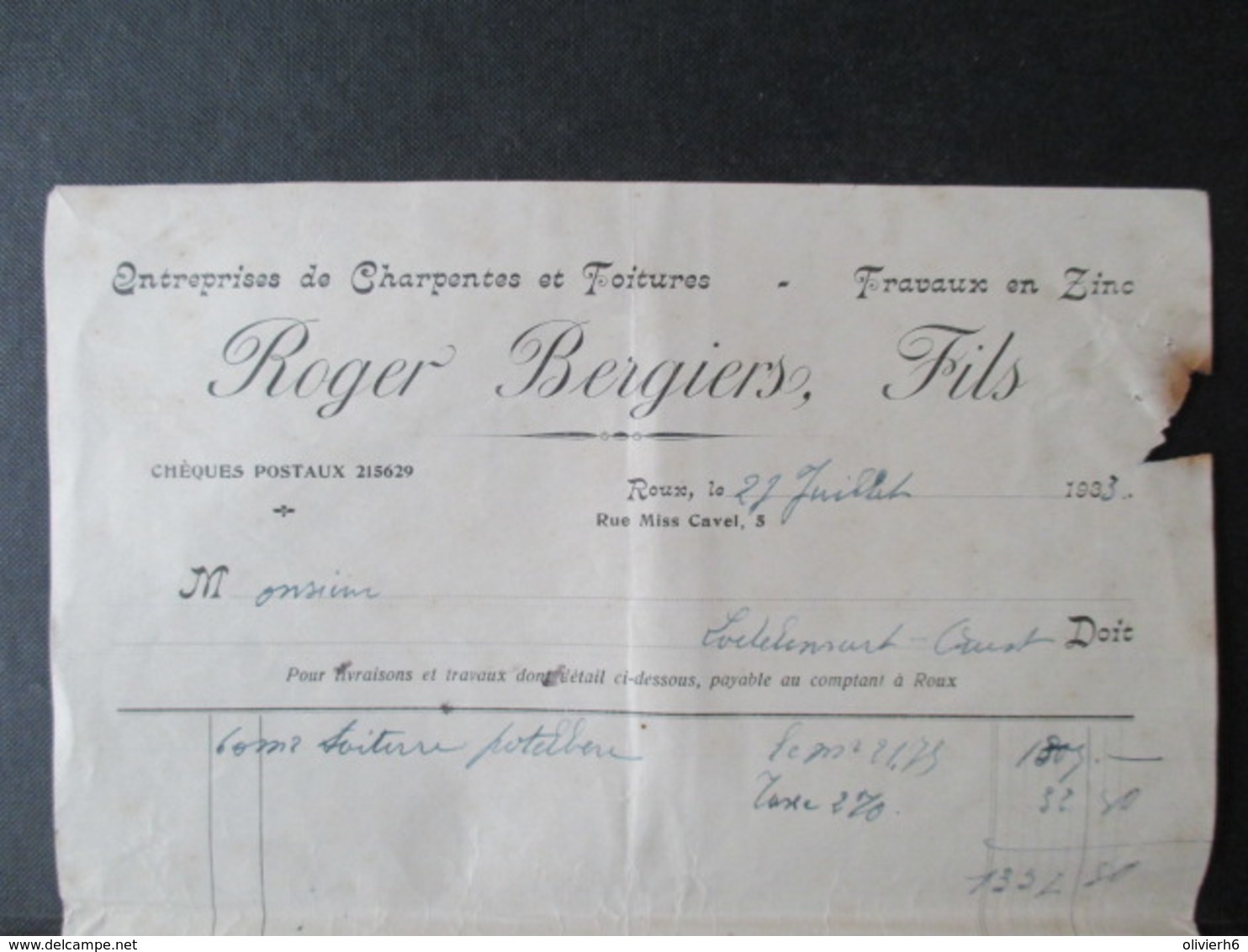 VP FACTURE (M1617) ROUX Rue Miss Cavel (2 VUES) ROGER BERGIERS, FILS - Entreprises De Charpentes Et Toitures 1933 - 1900 – 1949