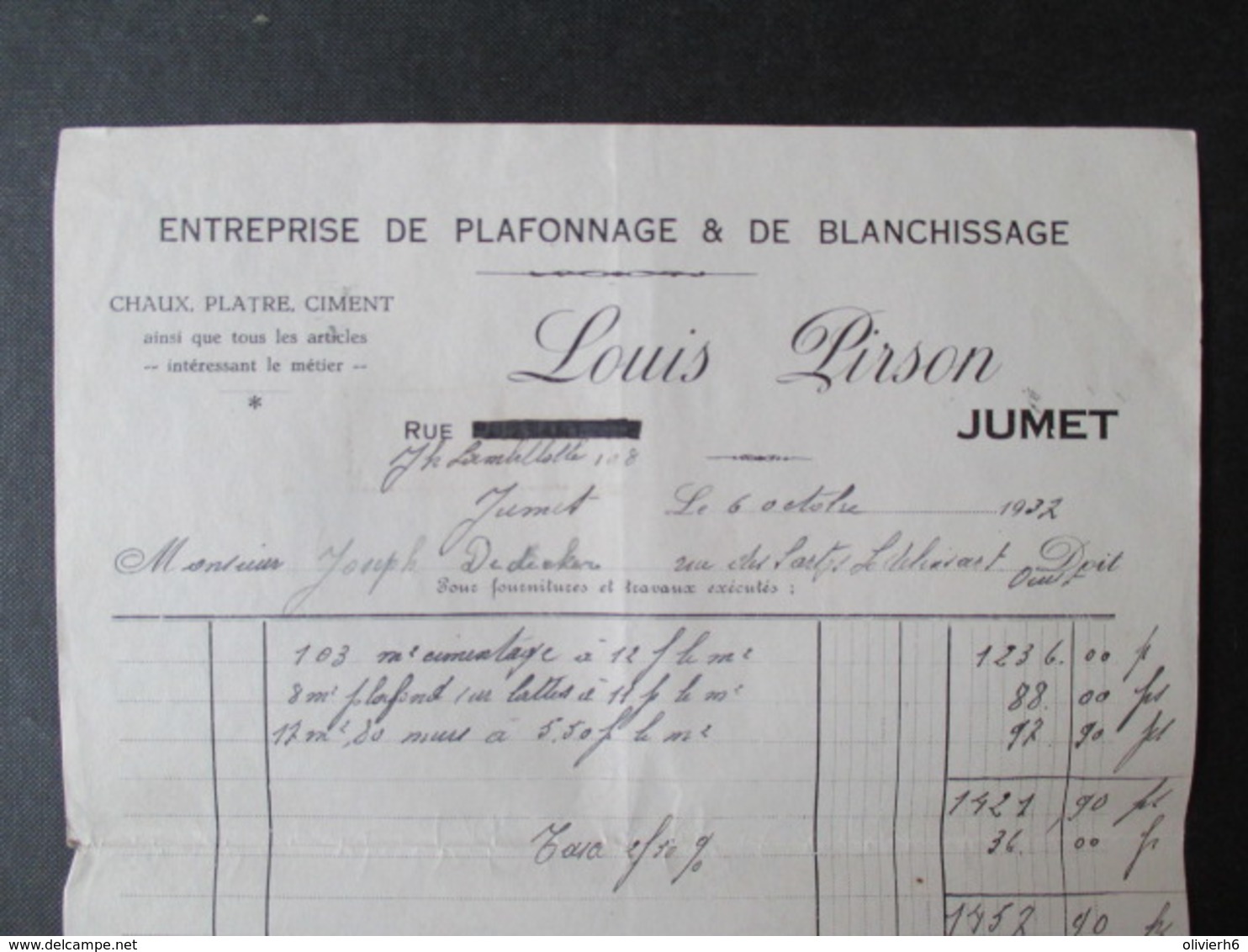 VP FACTURE (M1617) JUMET (2 VUES) LOUIS PIRSON Entreprise De Plafonnage & De Blanchissage 1937 - 1900 – 1949