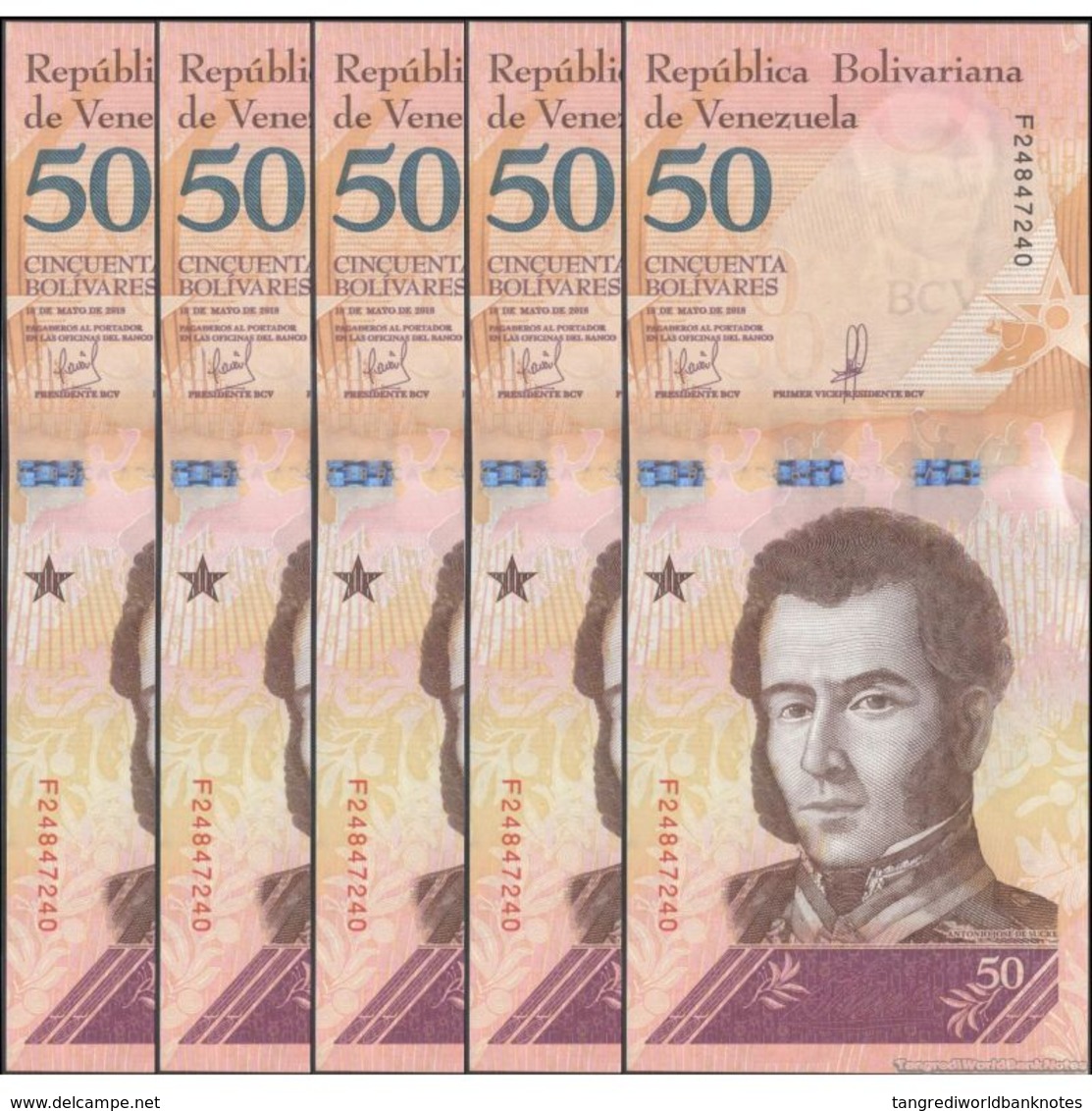 TWN - VENEZUELA NEW - 50 Bolivares 15.1.2018 DEALERS LOT X 5 - Prefix F UNC - Venezuela