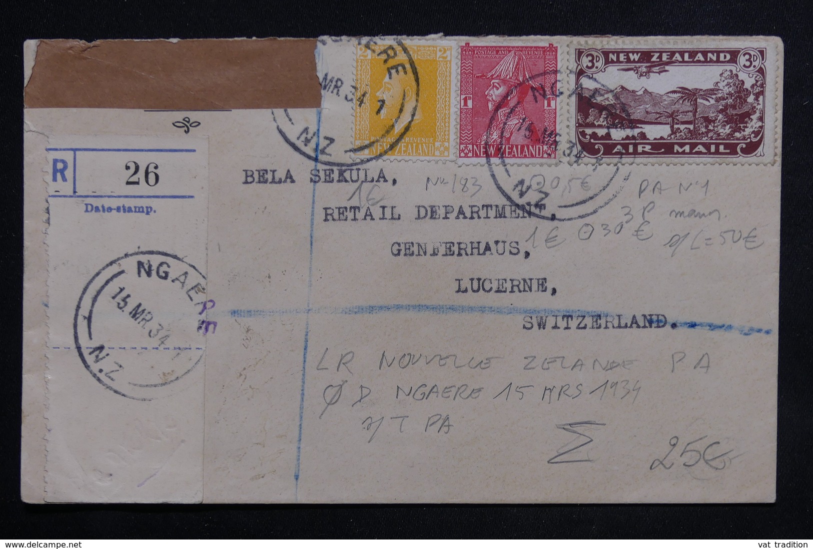 NOUVELLE ZÉLANDE - Enveloppe En Recommandé De Ngaere Pour La Suisse En 1934 , Affranchissement Plaisant - L 23149 - Covers & Documents