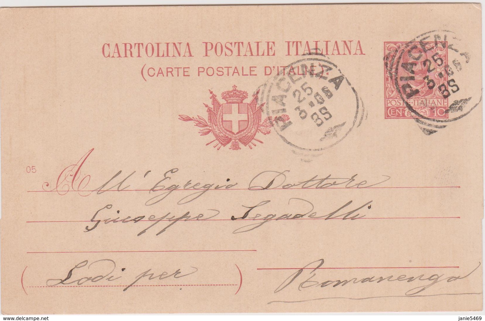 Italy 1906 Cartolina Postale C 10 From Piacenza To Romanengo - Used