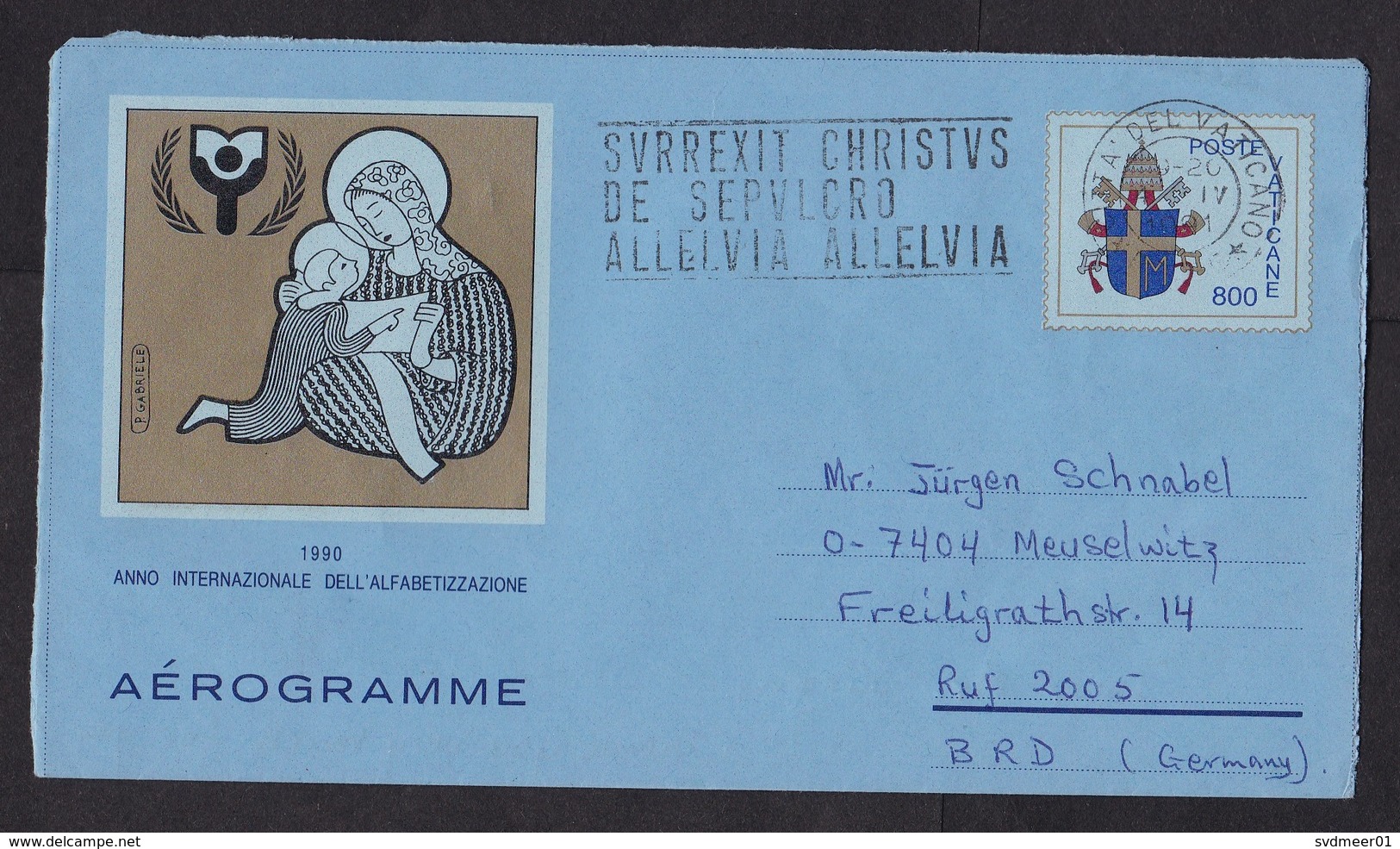 Vatican: Stationery Aerogramme To Germany, 1991, Year Of Alphabetisation, Art, Air Letter (traces Of Use) - Brieven En Documenten