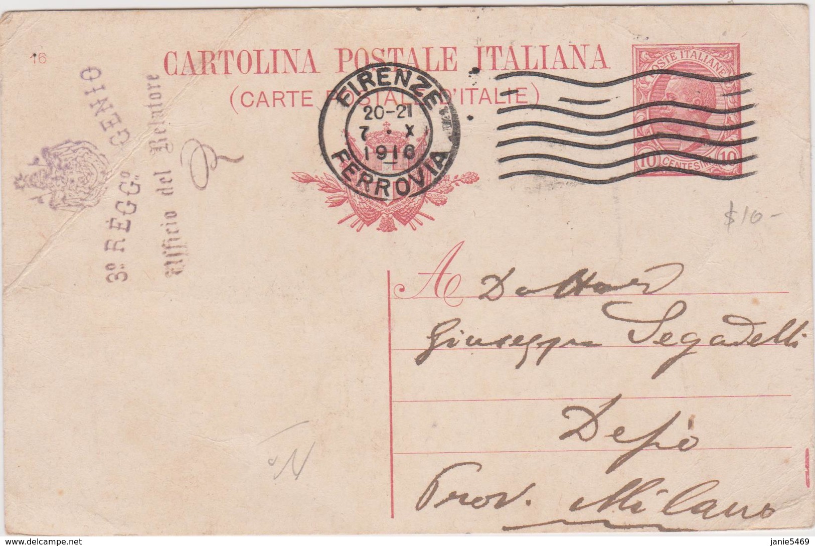 Italy 1918 Cartolina Postale 10c From Firenze To Desio - Used