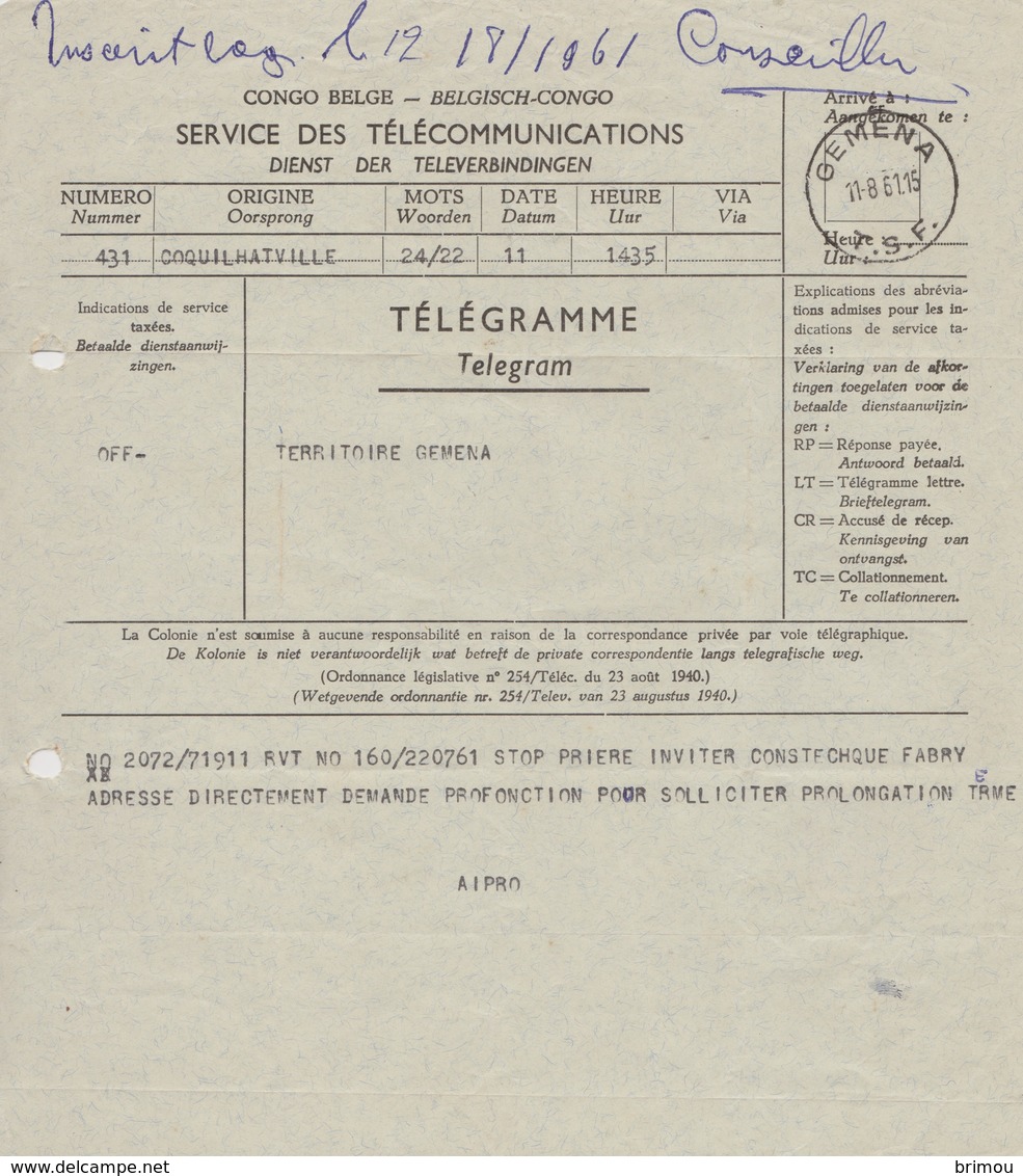 Congo Belge Télégramme. - Autres & Non Classés