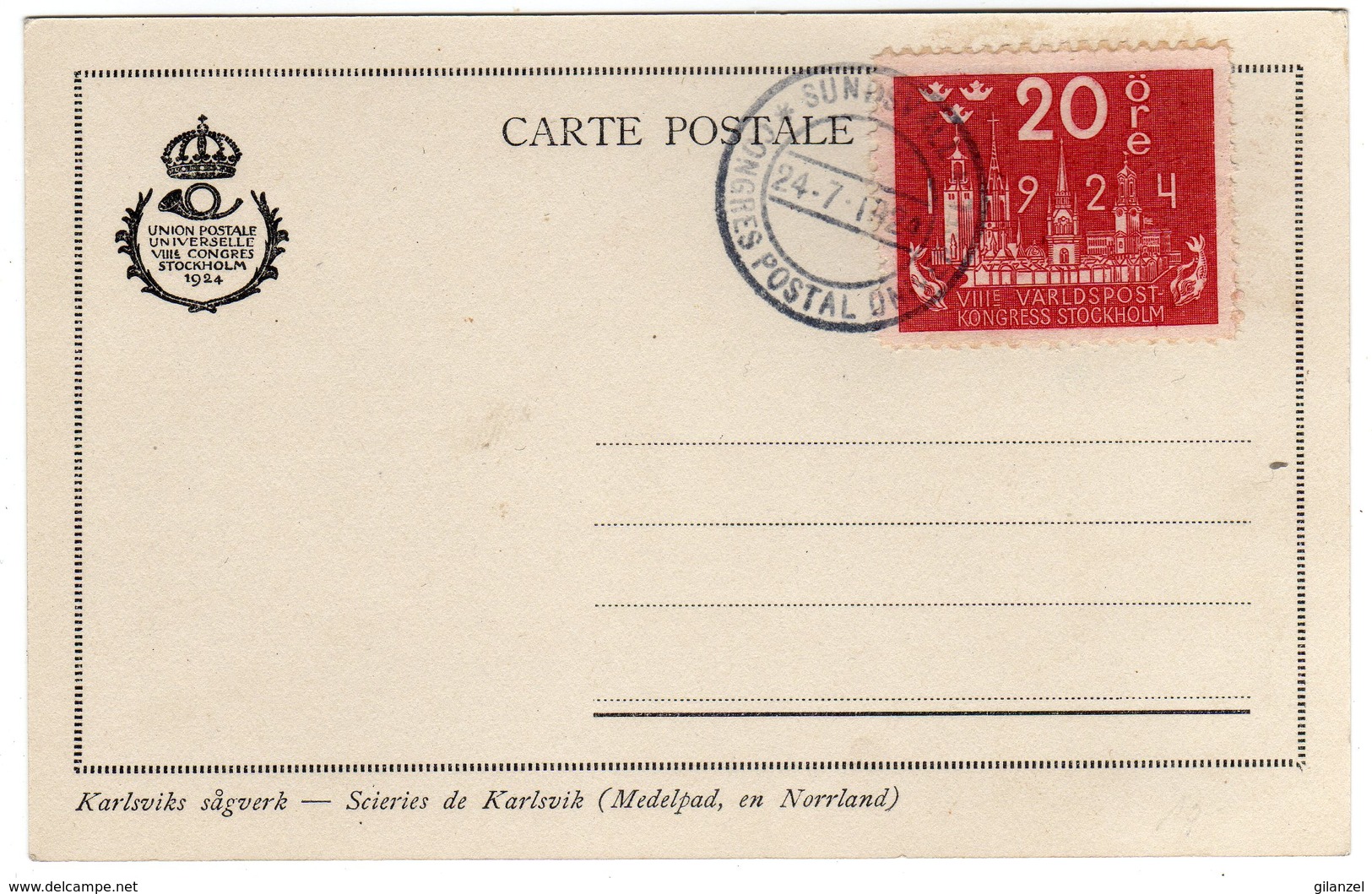 Suede Sverige 1924 VIII UPU Congress Stockholm Special Postcard Cancel Sundsvall - UPU (Unione Postale Universale)