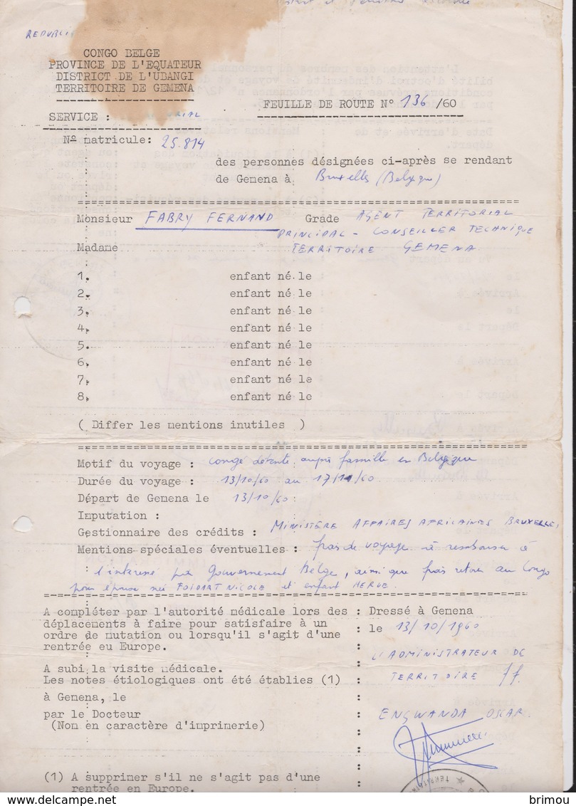 Congo Belge Feuille De Route. - Collections