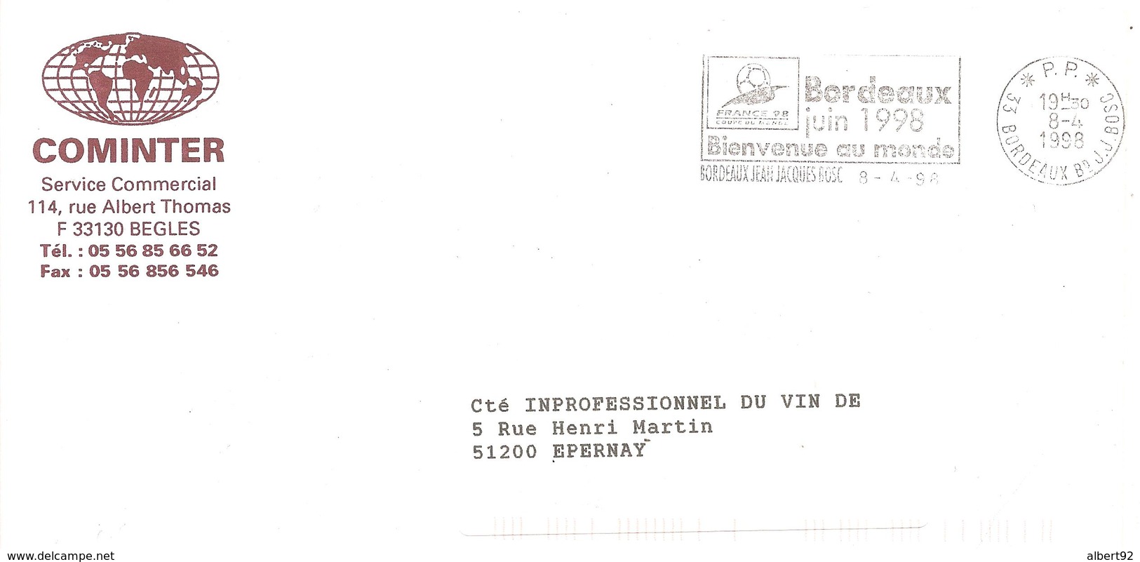 1998 Coupe Du Monde De Football :site De Bordeaux;lettre En Port Payé - 1998 – Frankreich