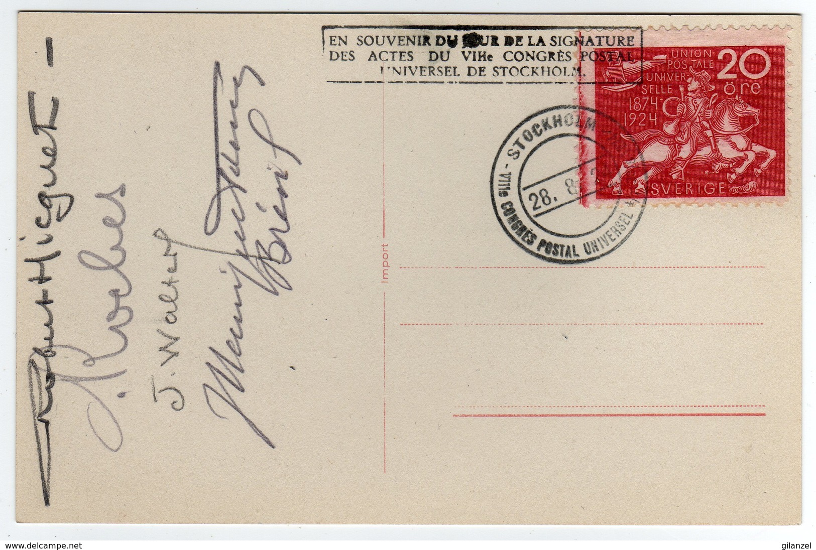 Suede Sverige 1924 VIII UPU Congress Stockholm Special Postcard Cancel Stockholm "Signature Des Actes" - UPU (Unione Postale Universale)