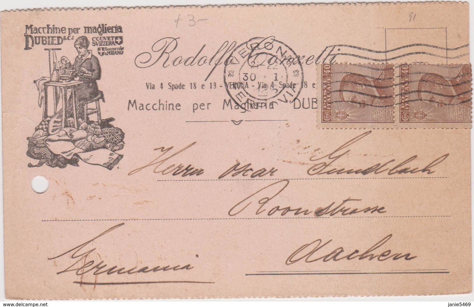 Italy 1926 Postal Card From Verona To AAchen - Usados