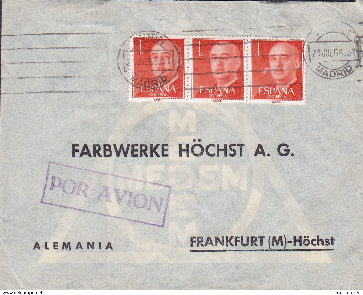 Spain Boxed (Purple) Por Avion TMS Cds. Avion MADRID 1956 Cover Letra FRANKFURT Germany 3-Stripe Franco - Briefe U. Dokumente