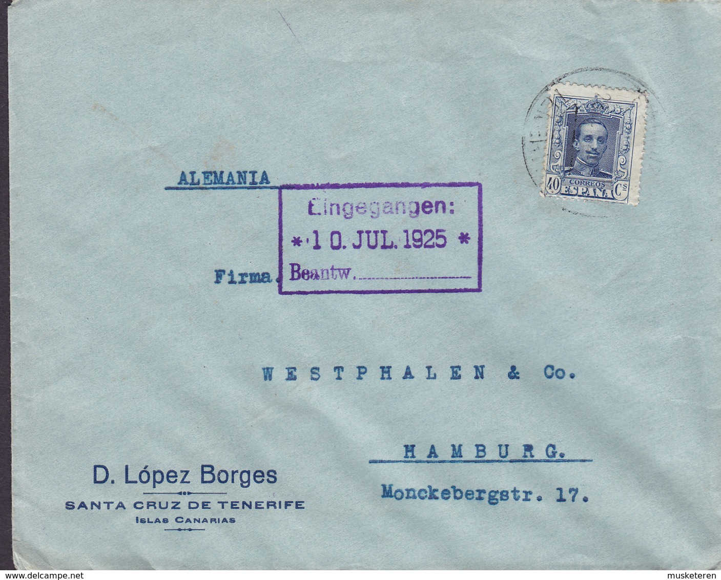 Spain D. LÓPEZ BORGES Santa Cruz De TENERIFE Islas Canarias 1925 Cover Letra HAMBURG Germany Alphonse XIII. - Cartas & Documentos