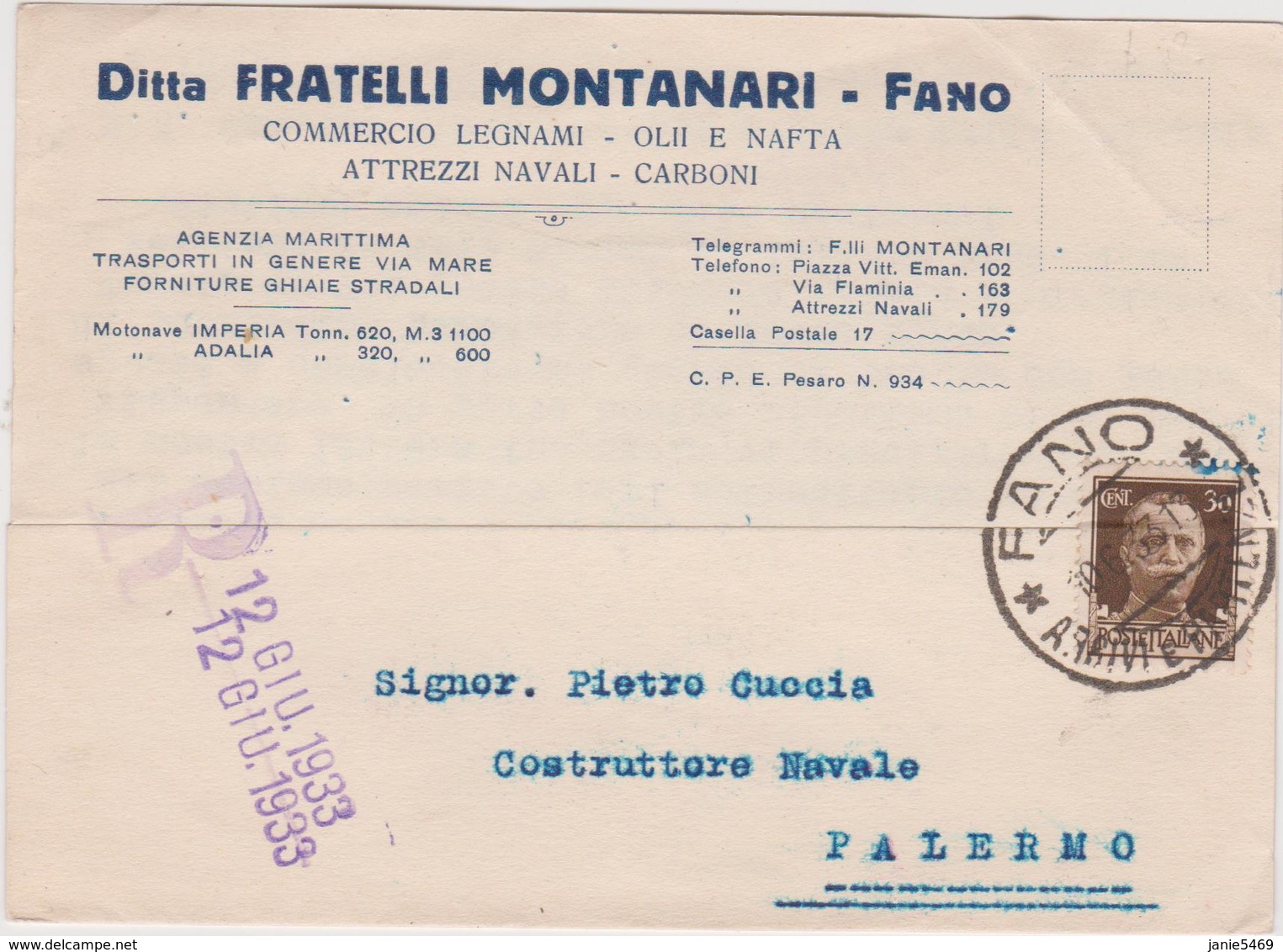 Italy 1933 Cartolina Postale Da Fano A Palermo - Used