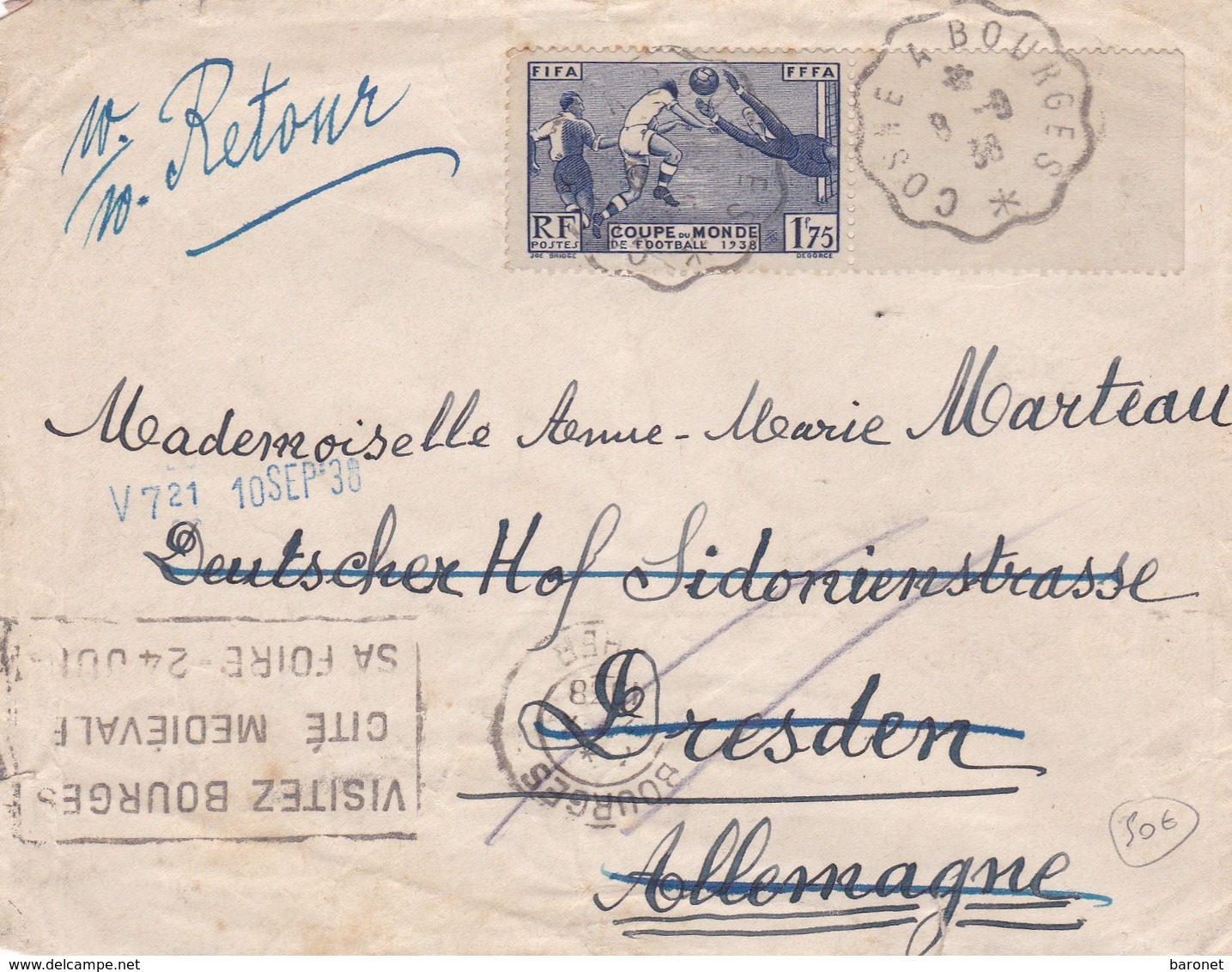 N° 396 S / Env T.P . Ob Cosne à Bourges 8 9 38 Pour L' Allemagne Réexpédiée - 1921-1960: Modern Period