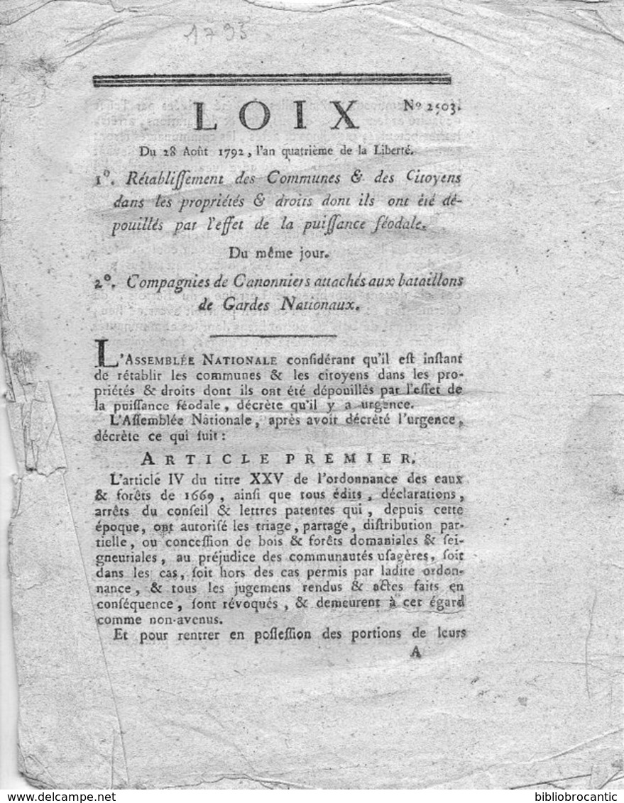 LOIX 18 Août 1792 An 4e:RETABLISSEMENT COMMUNES&CITOYENS Dans Les Propriétés//Cies CANONNIERS Attachés  GARDES NATIONAUX - Documents Historiques