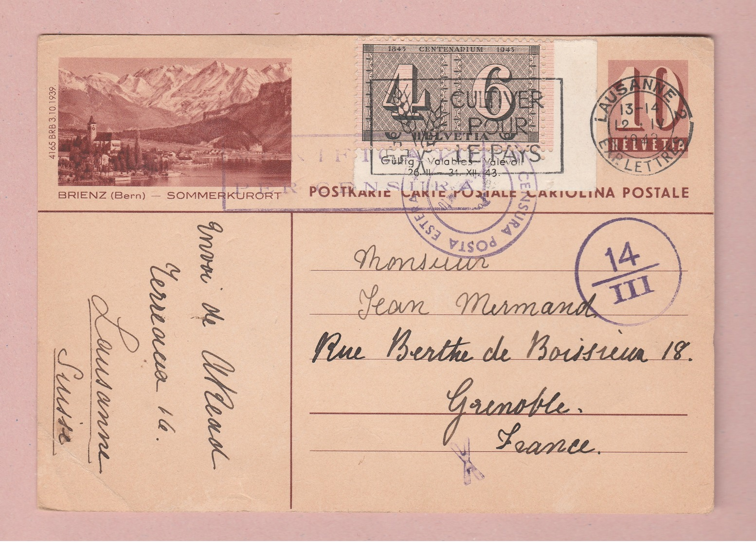 Zensur Ganzsache 10Rp Mit 10Rp Centenarium Zusatz Lausanne 12.04.1943 Bildpostkarte Brienz - Entiers Postaux