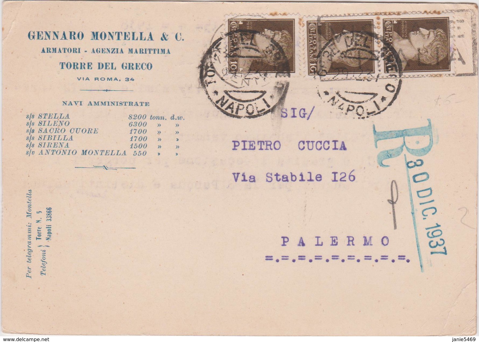 Italy 1937 Raccomandata Da Napoli Per Palermo - Used