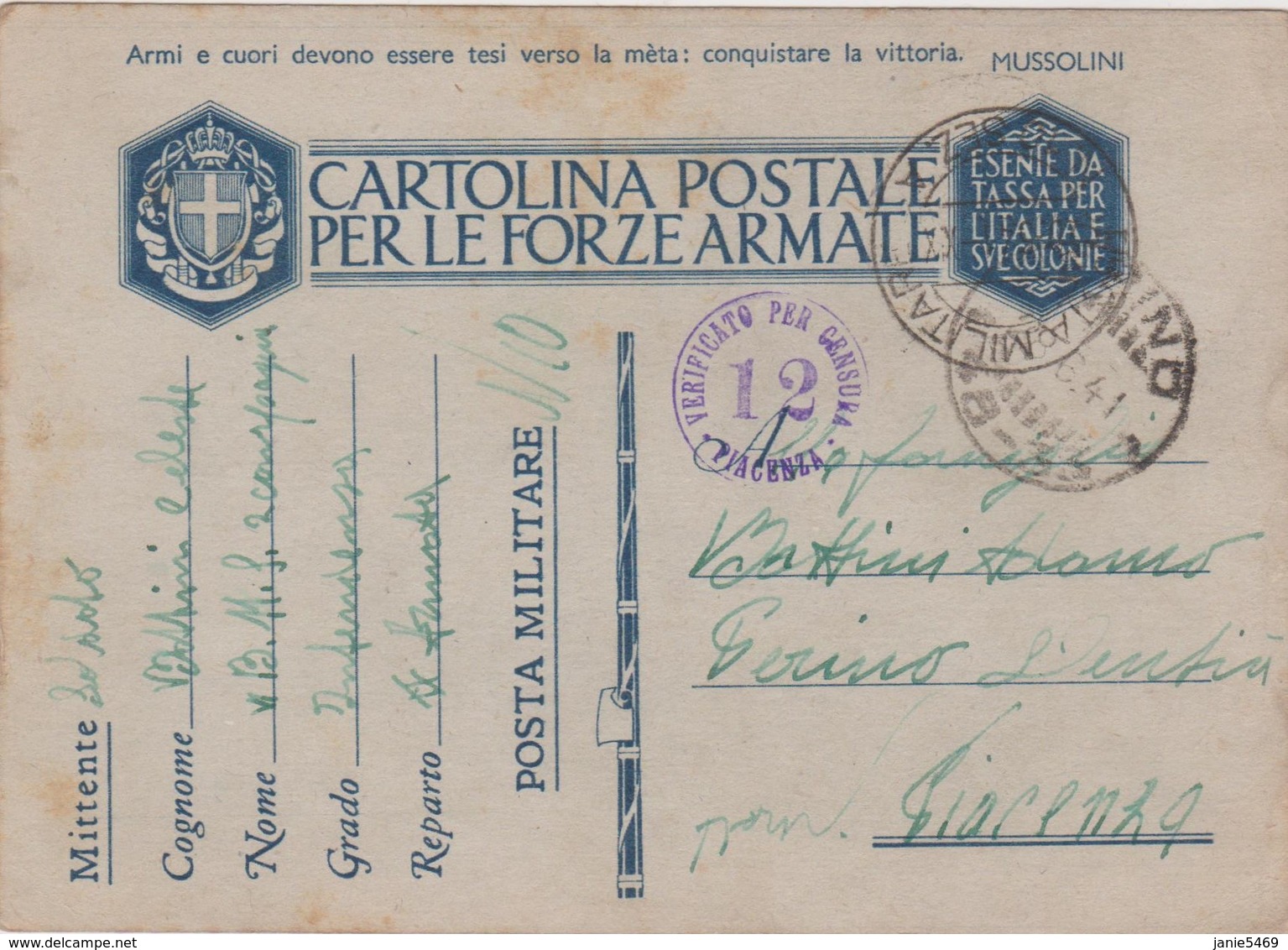 Italy 1941 Posta Militare No 10 Sez A Cartolina Postale Per Le Forze Armate - Used