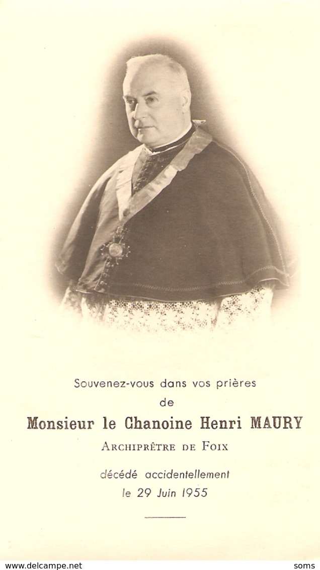 Faire-part De Décès Du Chanoine Henri Maury (+1955), Archiprêtre De Foix, Image Double Face, Bon état - Décès