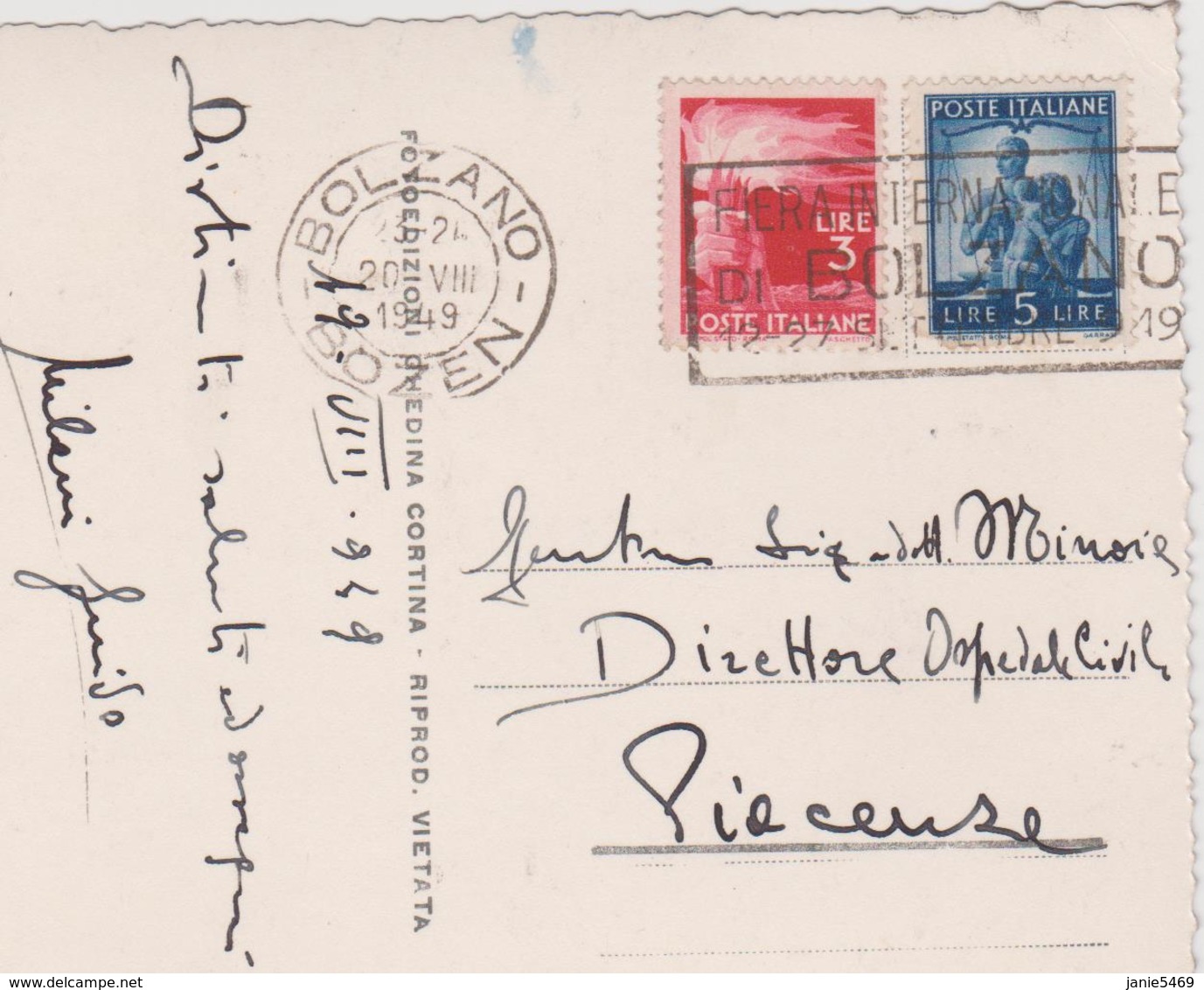 Italy 1949 Postcard From Bolzano To Piacenza Con 3l And 5l Democratica - 1946-60: Used