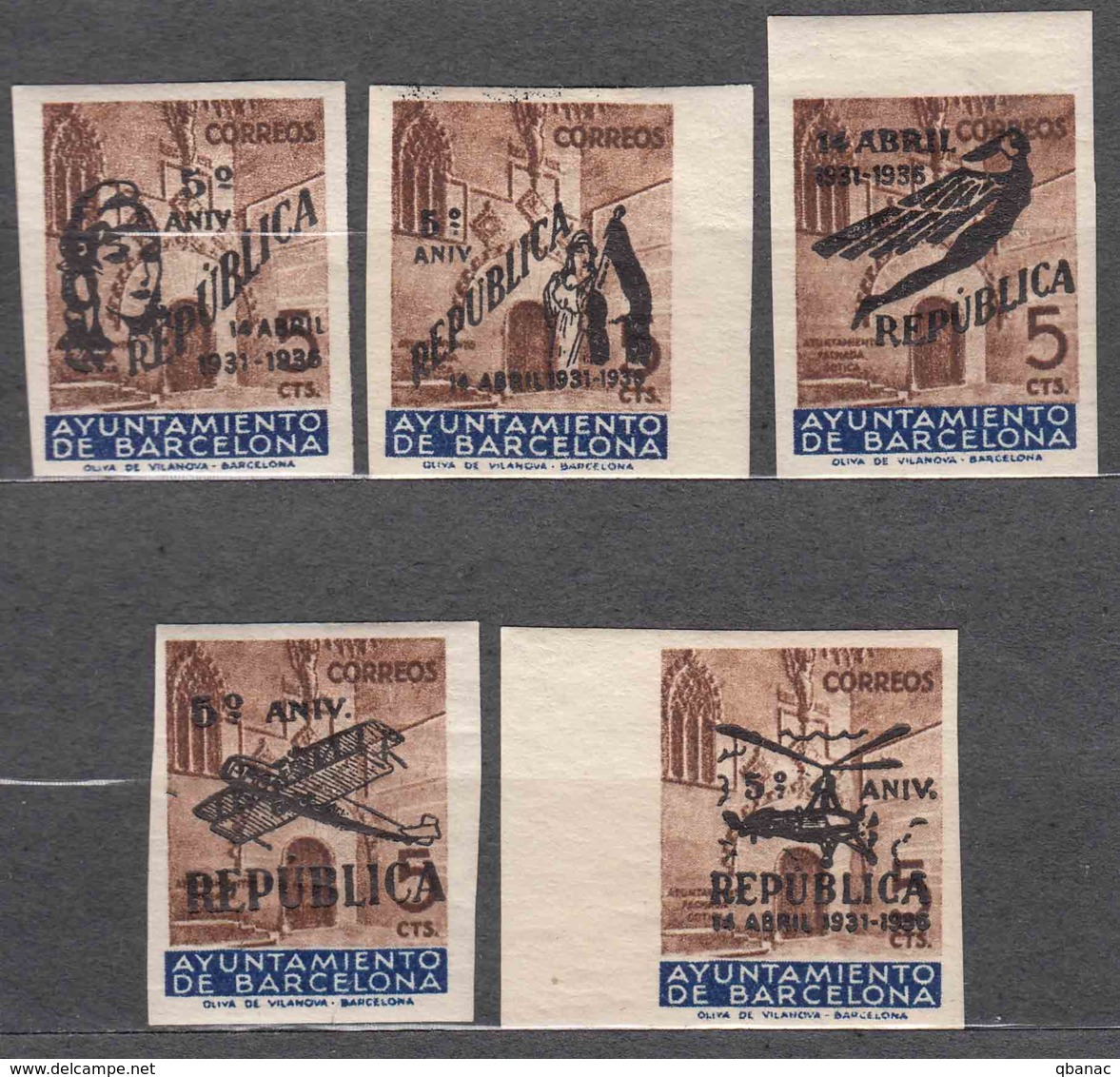 Spain 1936 Barcelona Mi#A 13 I-V, Complete Imperforated Overprint Set, Mint Hinged - Barcelone