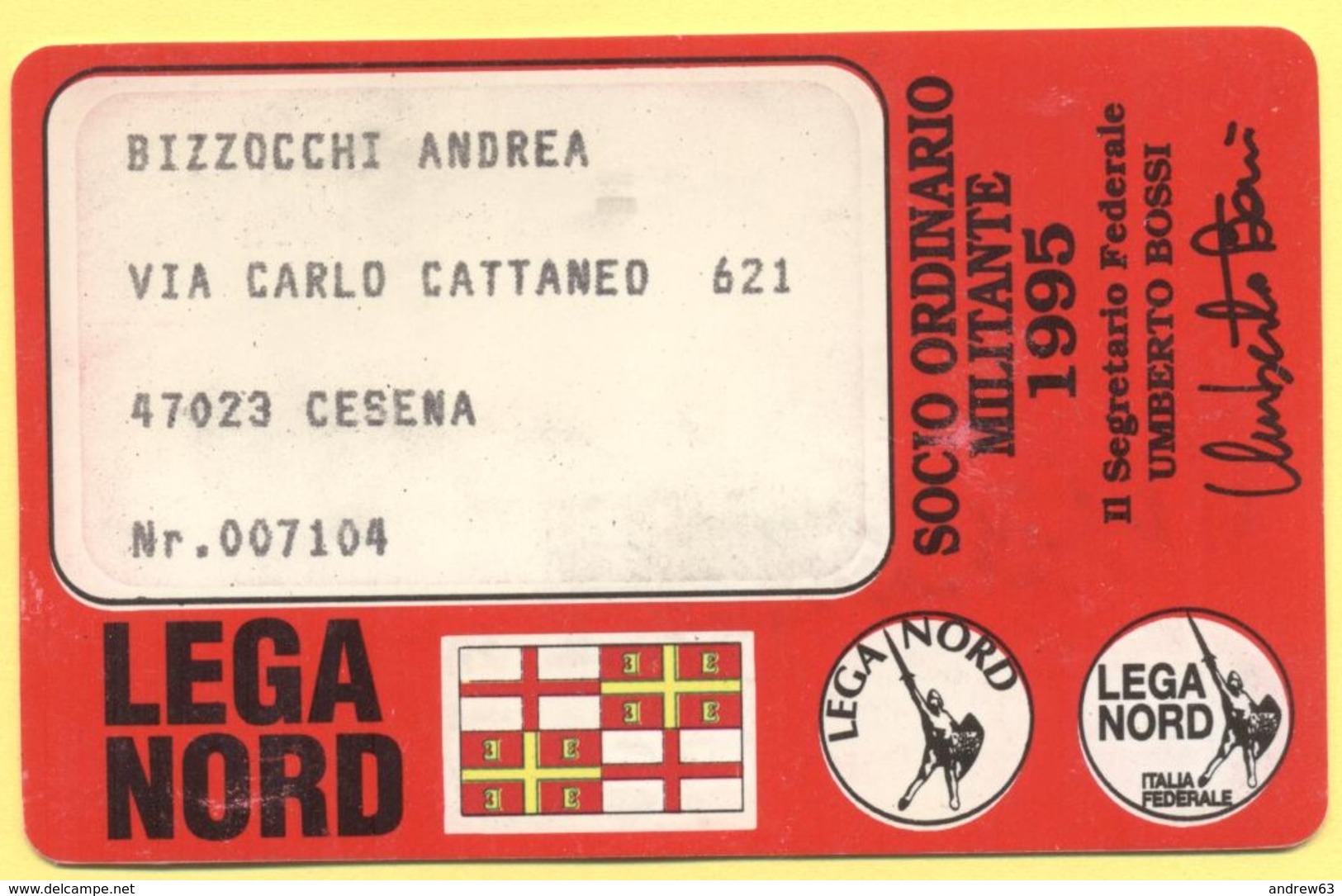 TESSERA POLITICA - PARTITO LEGA NORD - SOCIO SOSTENITORE - 1995 - Plebiscito Per Il Federalismo - Altri & Non Classificati