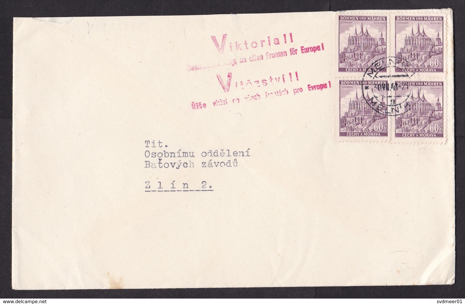 Germany / Occupied Bohemia: Cover, 1941, 4 Stamps, Cancel Melnik, War Propaganda Victory For Germany (roughly Opened) - Brieven En Documenten