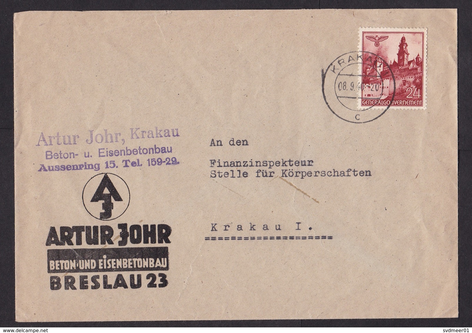 Germany / Occupied Poland / Generalgouvernement: Cover, 1940, 1 Stamp, Cancel Krakau, Construction (minor Discolouring) - Algemene Overheid
