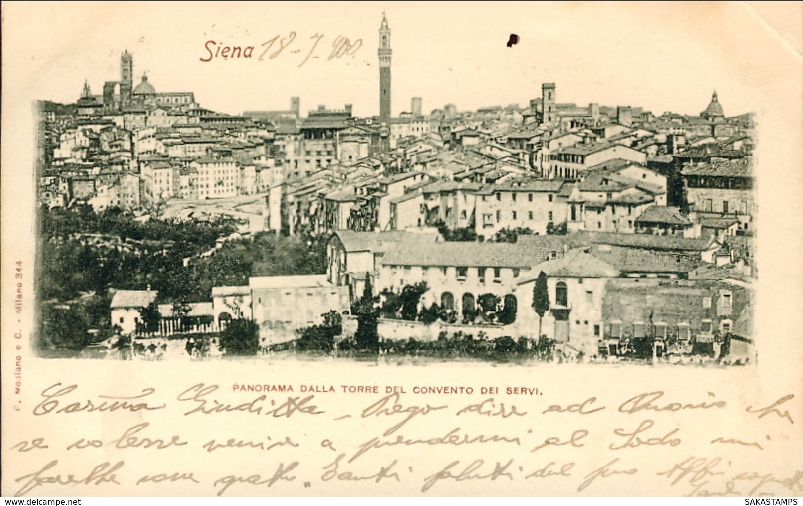 1900-"Siena-panorama Dalla Torre Del Convento Dei Servi"affrancata 10c.,piccola Piega Angolare - Siena