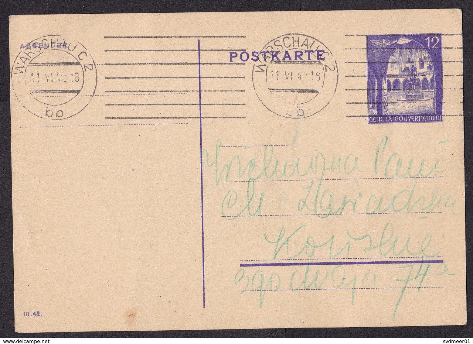 Germany / Occupied Poland / Generalgouvernement: Stationery Postcard, 1942, Cancel Warschau, War (minor Damage) - Algemene Overheid