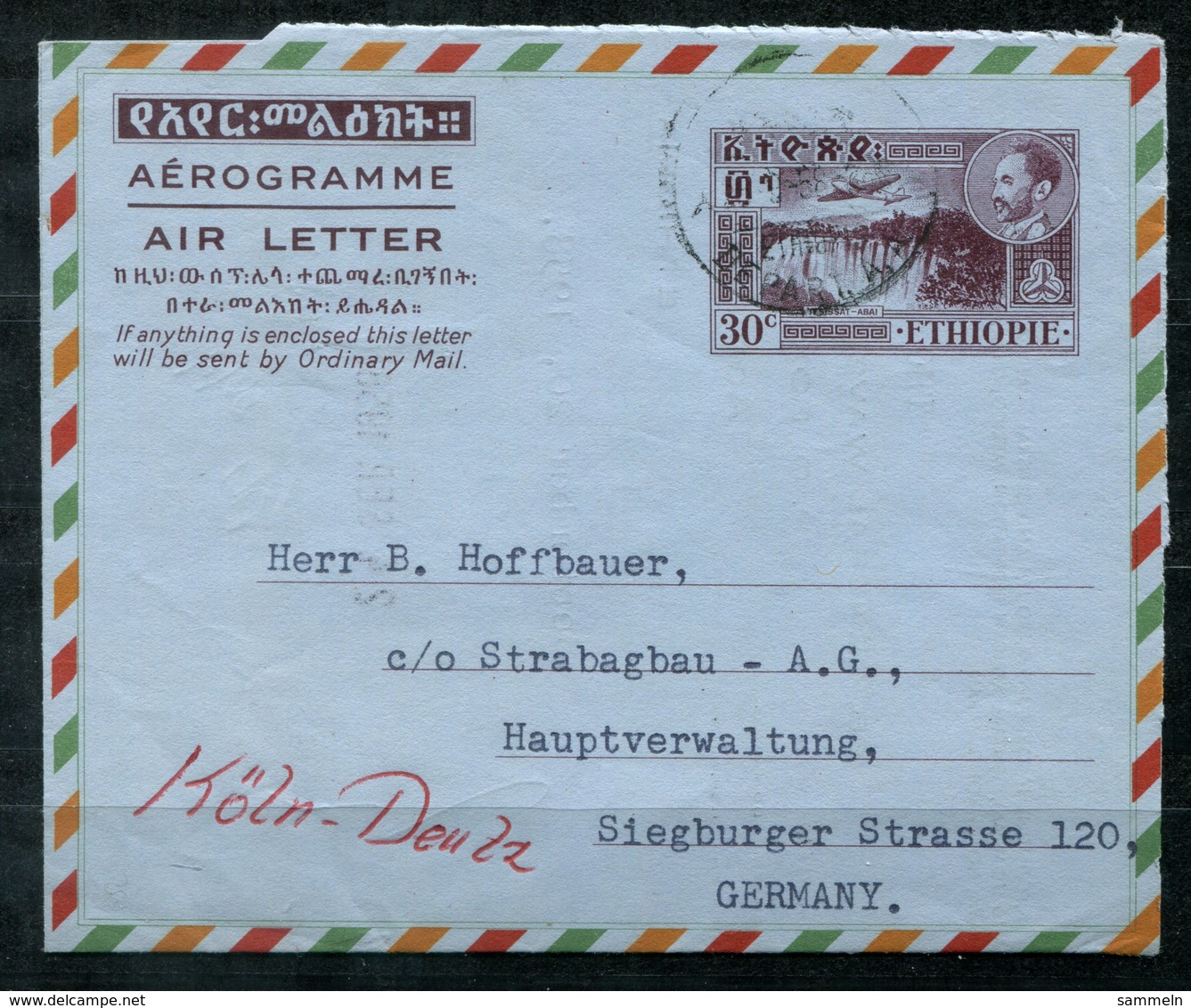 4474 - ÄTHIOPIEN - Aerogramm 1958, Bedarfsmäßig Nach Deutschland - Äthiopien