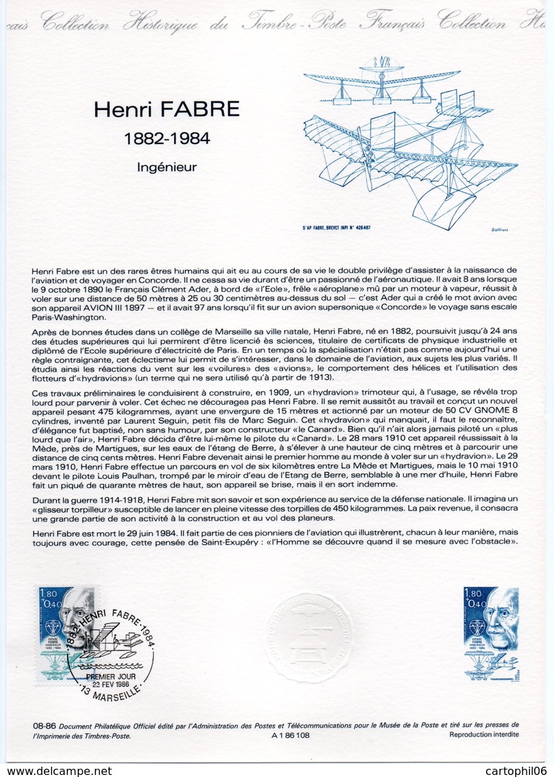 - Ingénieur Henri FABRE - Document Philatélique Officiel MARSEILLE 22.2.1986 - - Avions