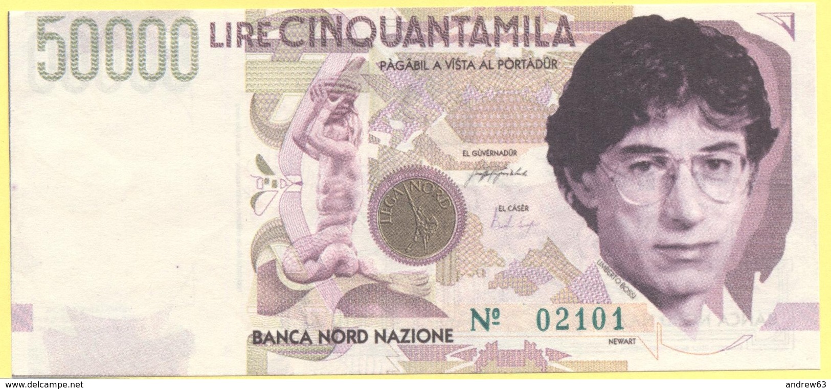 50000 Lire - Cinquantamila - Pseudo Banconota Della Banca Nord Nazione - Gadget Politico - Lega Nord Bossi Umberto - Altri & Non Classificati