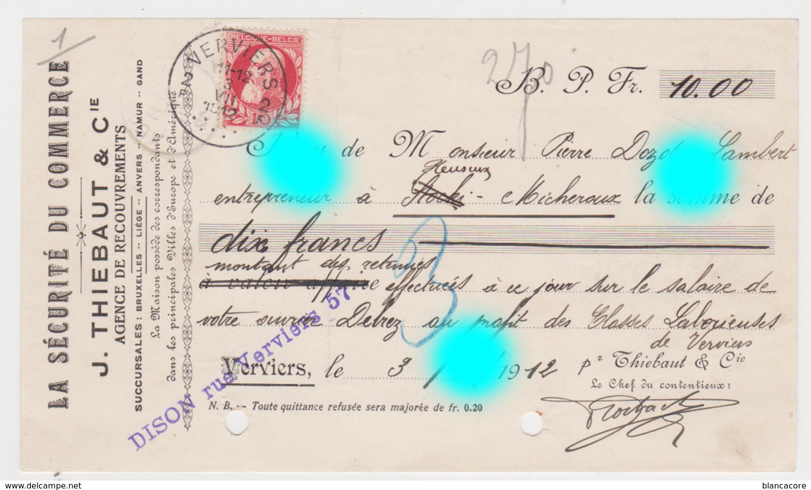 Verviers Thiebaut En 1912 Retenues Sur Salaire De Delrez Ouvrier Chez Dozot Entrepreneur à Cerexhe Heuseux - Lettres De Change