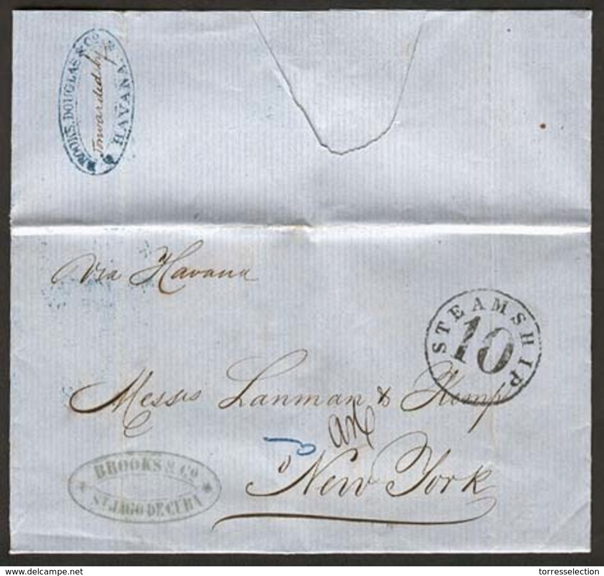 CUBA. 1864. St Jago To NY/USA. EL. Via Habana With Smashing Blue Forwarding Agent Mark Which Shows Great "Brooks Douglas - Autres & Non Classés