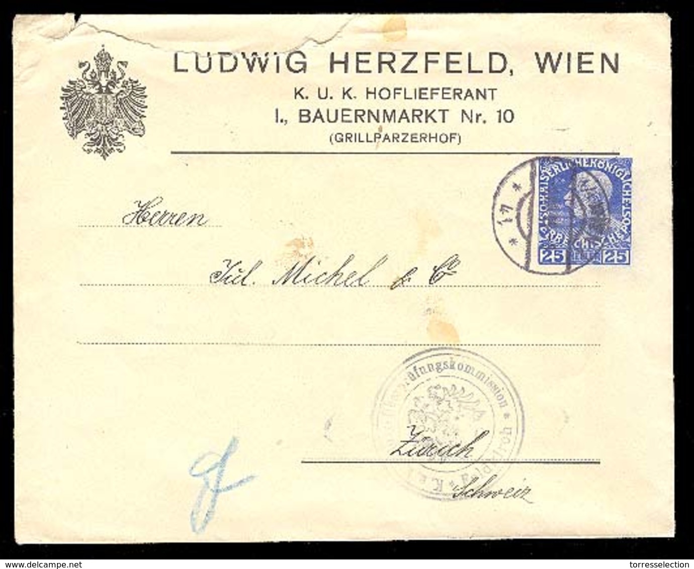 AUSTRIA. 1915.   Wien/Switzerland. 25 H.stat Env./Private Print/censored.Rough Opened At Top, Otherwise Fine. - Altri & Non Classificati