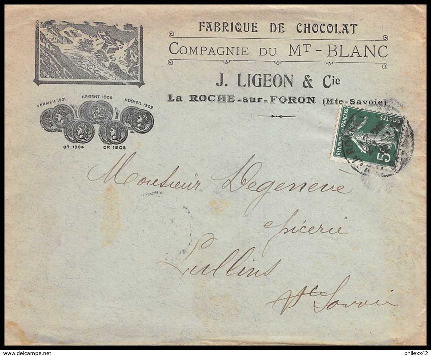 7387 Enveloppe Illustrée Chocolat Mt Blanc Ligeons La Roche-sur-Foron Haute Savoie 1910 Semeuse France Lettre TB Etat - 1877-1920: Période Semi Moderne