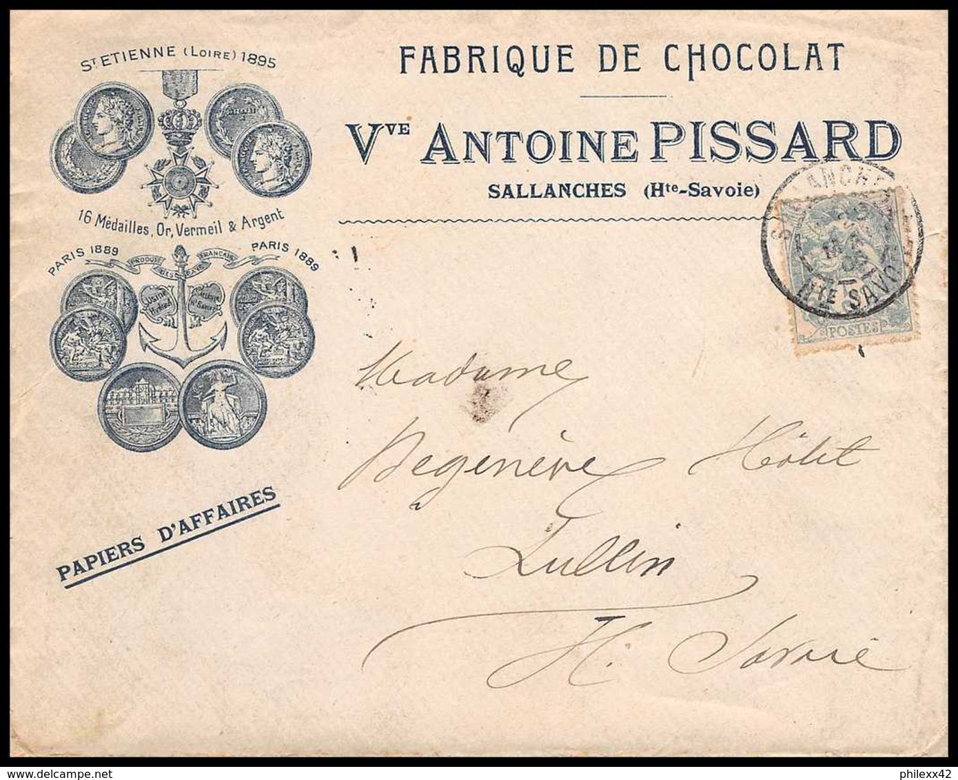 7421 Enveloppe Illustrée Medaille St Etienne 1895 Chocolat Pissard Sallanches Haute Savoie 1906 Tp Blanc France TB Etat - 1877-1920: Période Semi Moderne