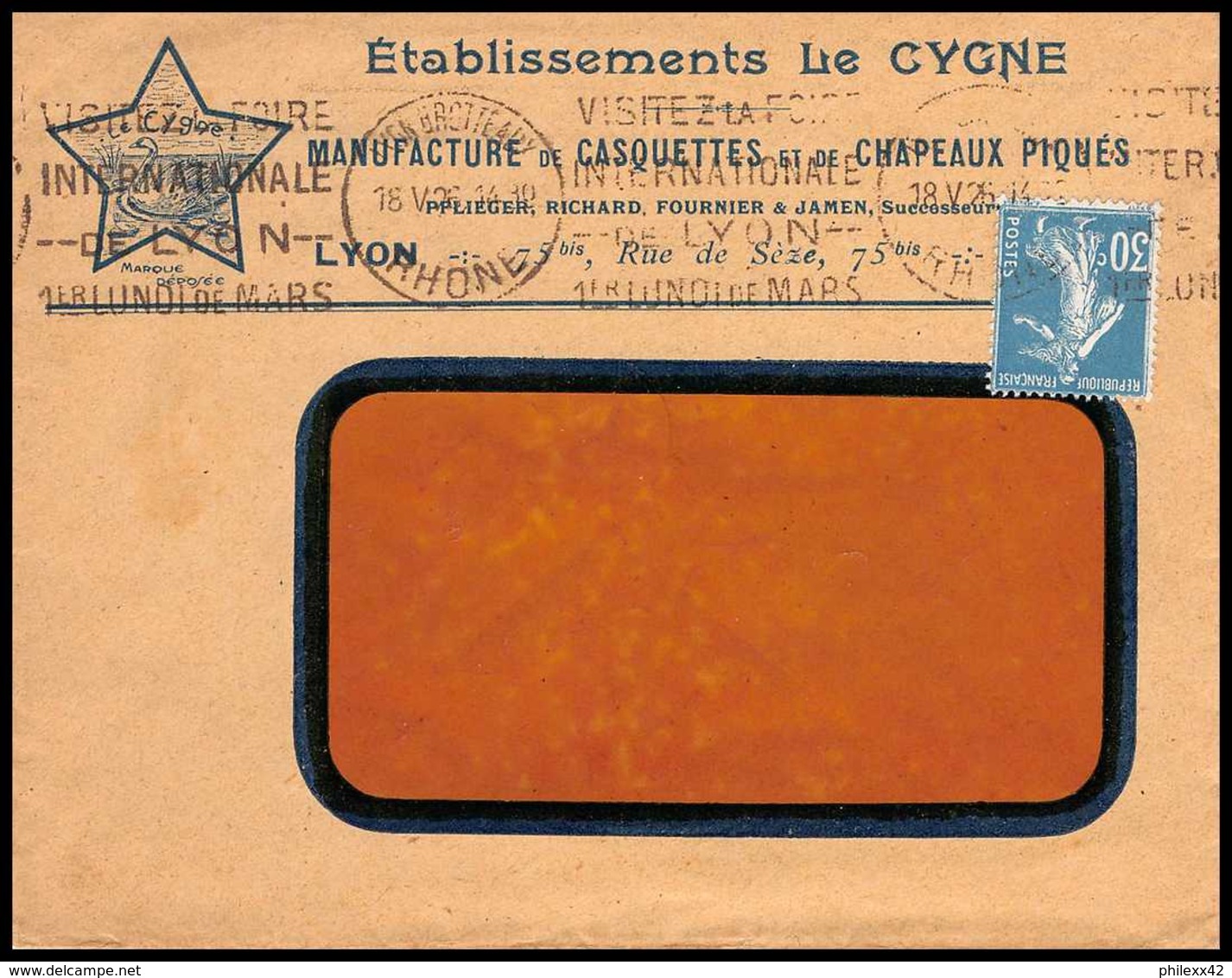 7437 Enveloppe Illustrée Le Cygne Manufacture Chapeaux Casquettes Lyon 1926 Krag Semeuse France Lettre (cover) TB Etat - 1921-1960: Modern Period