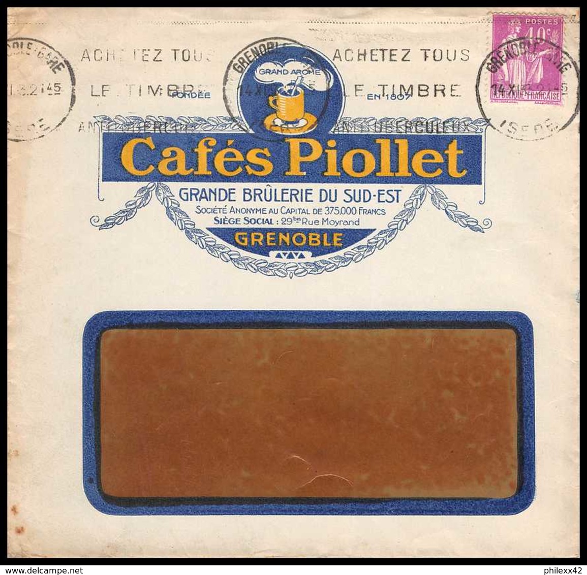 7467 Enveloppe Illustrée Cafe Piollet Grenoble 1933 Krag Paix France Lettre (cover) TB Etat - 1921-1960: Moderne