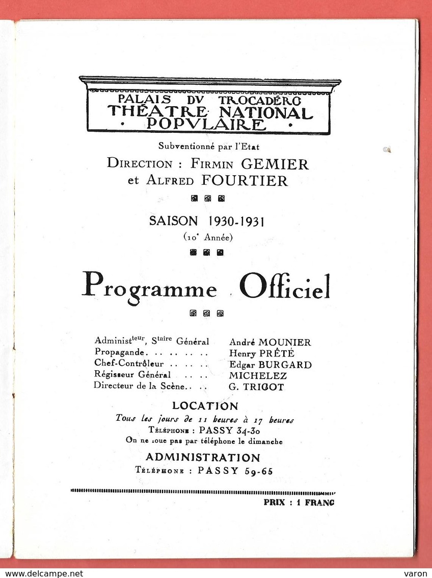 Programme PALAIS DU TROCADERO - T.N.P. Saison 1930-1931 - "LA VEUVE JOYEUSE" Illustr.VICTOR LHOMME - Programmes