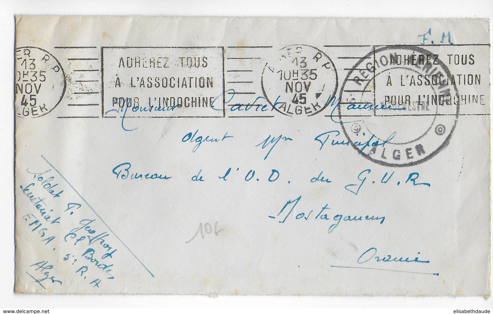 1945 - ALGERIE - ENVELOPPE FM De La 5° REGION AERIENNE De ALGER => MOSTAGANEM - Guerre De 1939-45