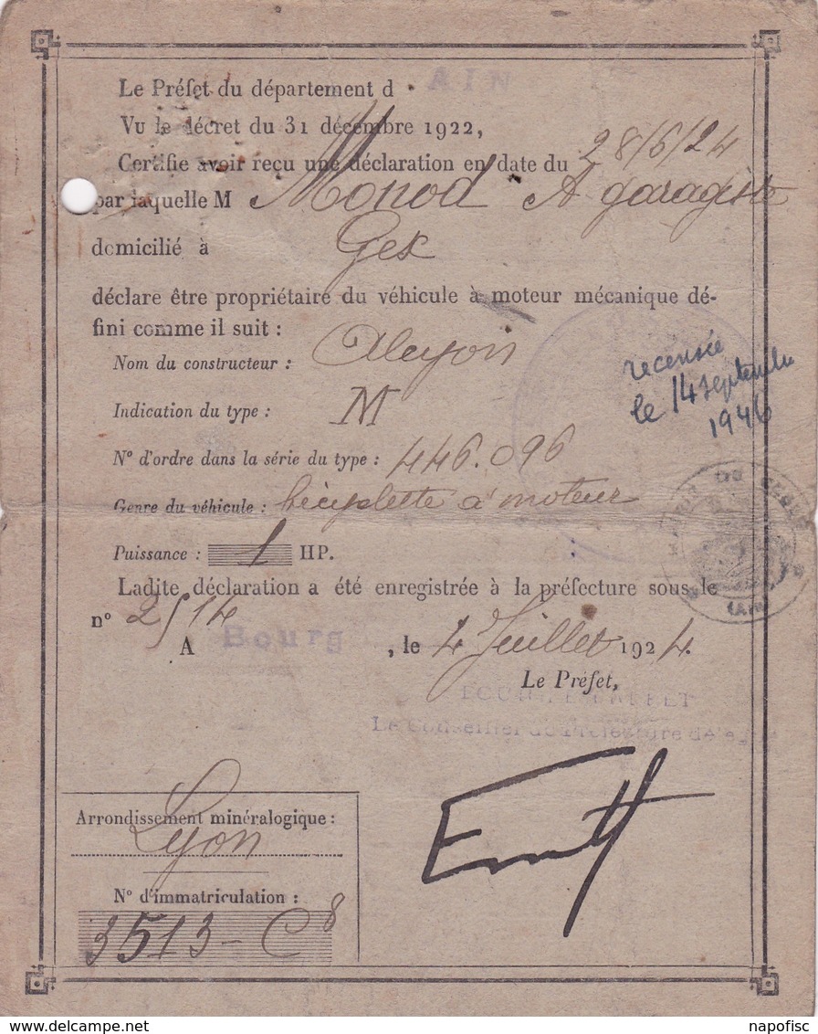 T.F. Copies Sur Récépissé De Déclaration Circulation Des Automobiles  Bourg (Ain) 1924 - Autres & Non Classés