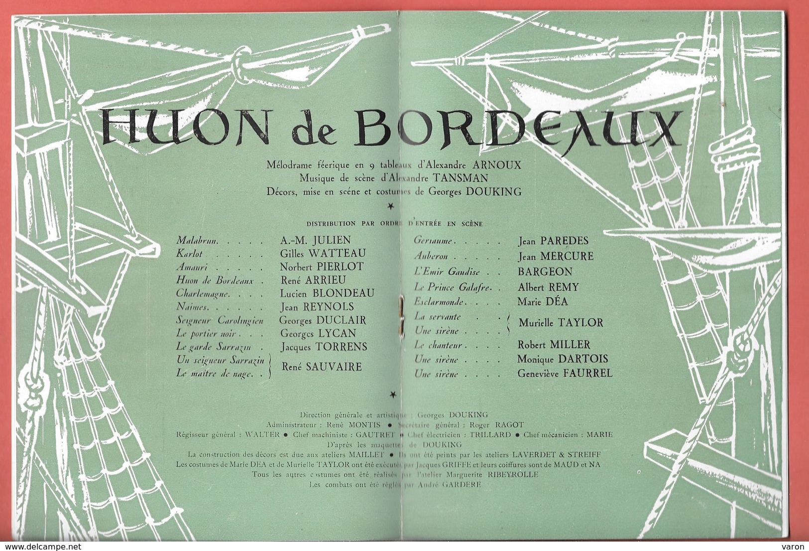 Programme THEATRE PIGALLE - Dir G.DOUKING 1946 - "HUON De BORDEAUX"  JEAN PARADES JEAN MERCURE-MARIE DEA Pub Parfums - Programmes