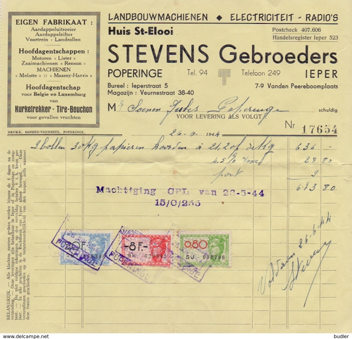 POPERINGE :1944: Factuur Van/Facture De   ##Huis St.-Elooi – STEVENS Gebroeders, Ieperstraat, 5, POPERINGE/ ... - 1900 – 1949