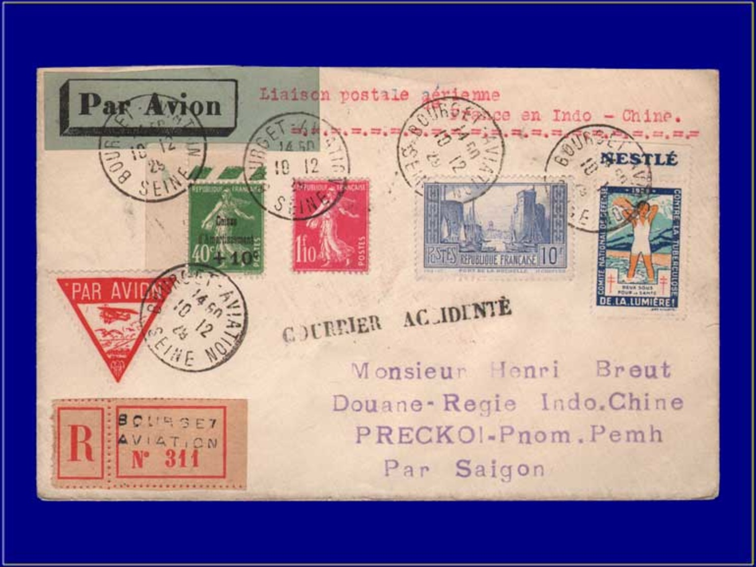 FRANCE 1° Vols  - 10/12/29, France/Cambodge Par Lassage, Accident De Syrte, Griffe Noire "Courrier Accidenté" Arrivé Roc - First Flight Covers