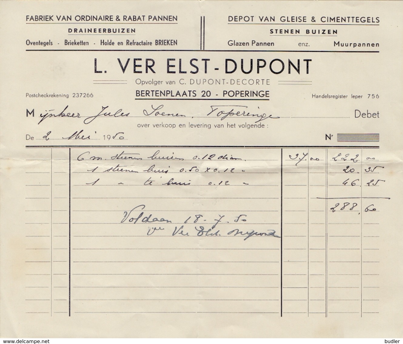 POPERINGHE:1950: Factuur Van/Facture De ##L.VER ELST – DUPONT, Bertenplaats, 20, POPERINGE ## Aan/à ## Jules SOENEN, ... - 1900 – 1949