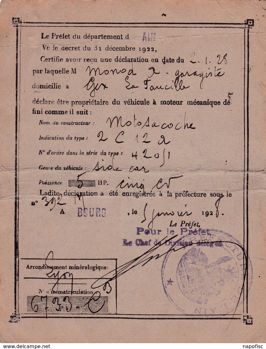 T.F. Humide à 5 Francs & 2/10 ème En Sus Sur Récépissé De Déclaration Circulation Des Automobiles  Motosacoche 1928 - Autres & Non Classés