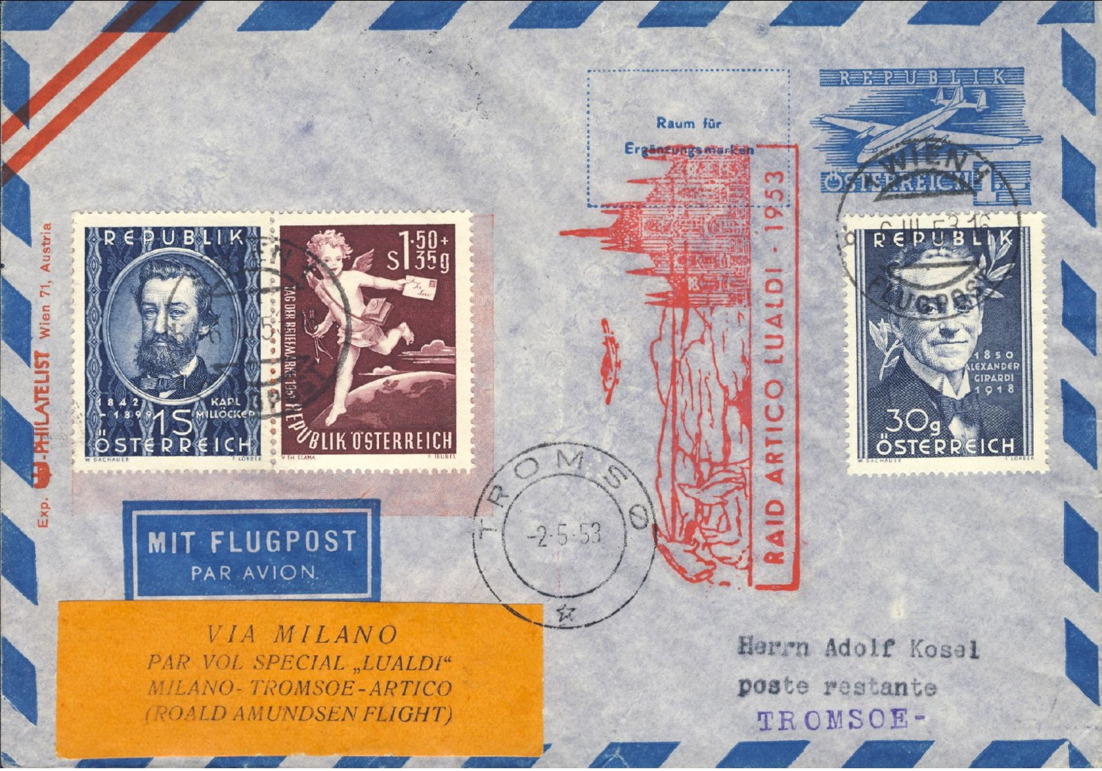 1953--Autriche Osterreich Austria Intero Postale 1sh. Con Affrancatura Complementare Volo Speciale Per Il Raid Artico Di - Altri & Non Classificati