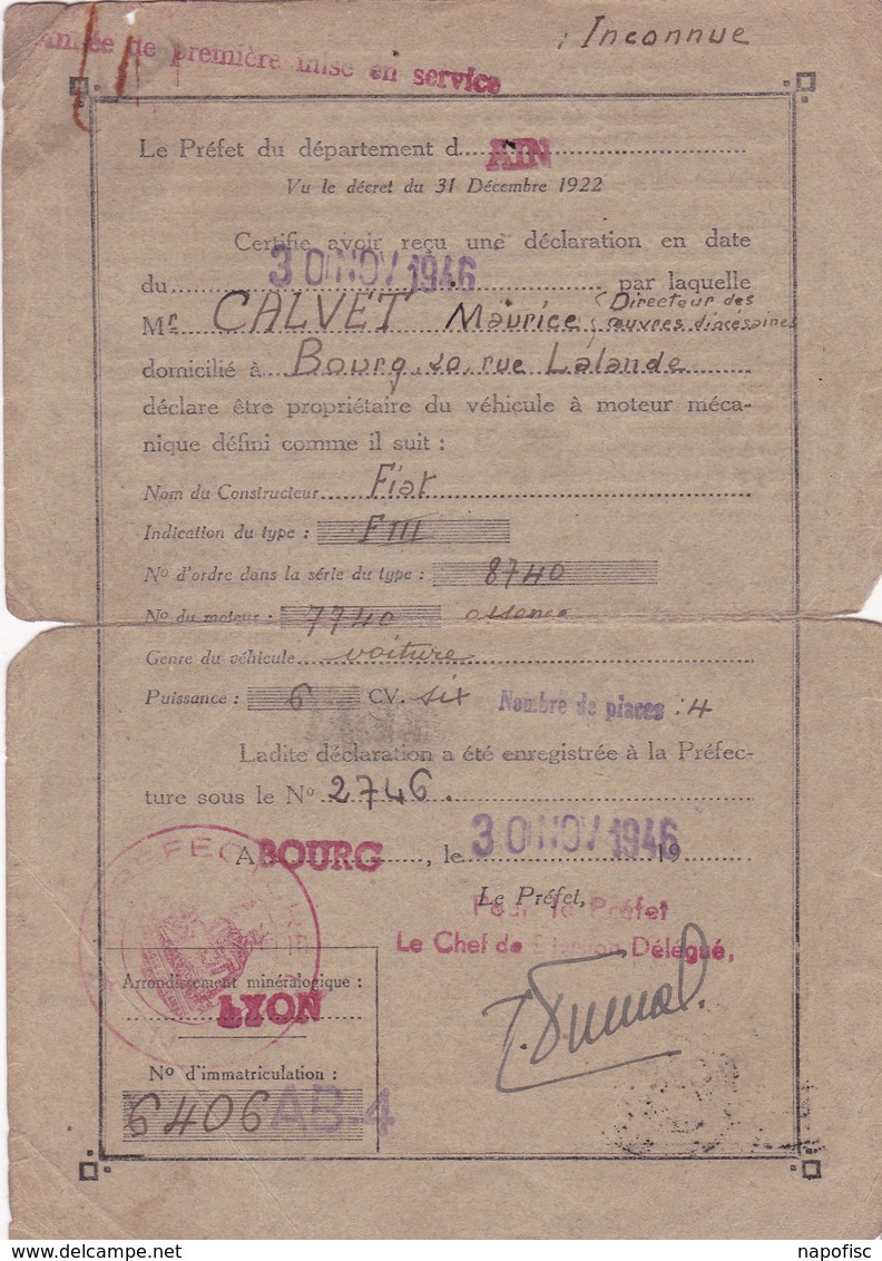 T.F. Humide à 10 Francs Automobiles Récépissé De Déclaration + Contre-Marque De Tasset Tarif 1946 - Autres & Non Classés