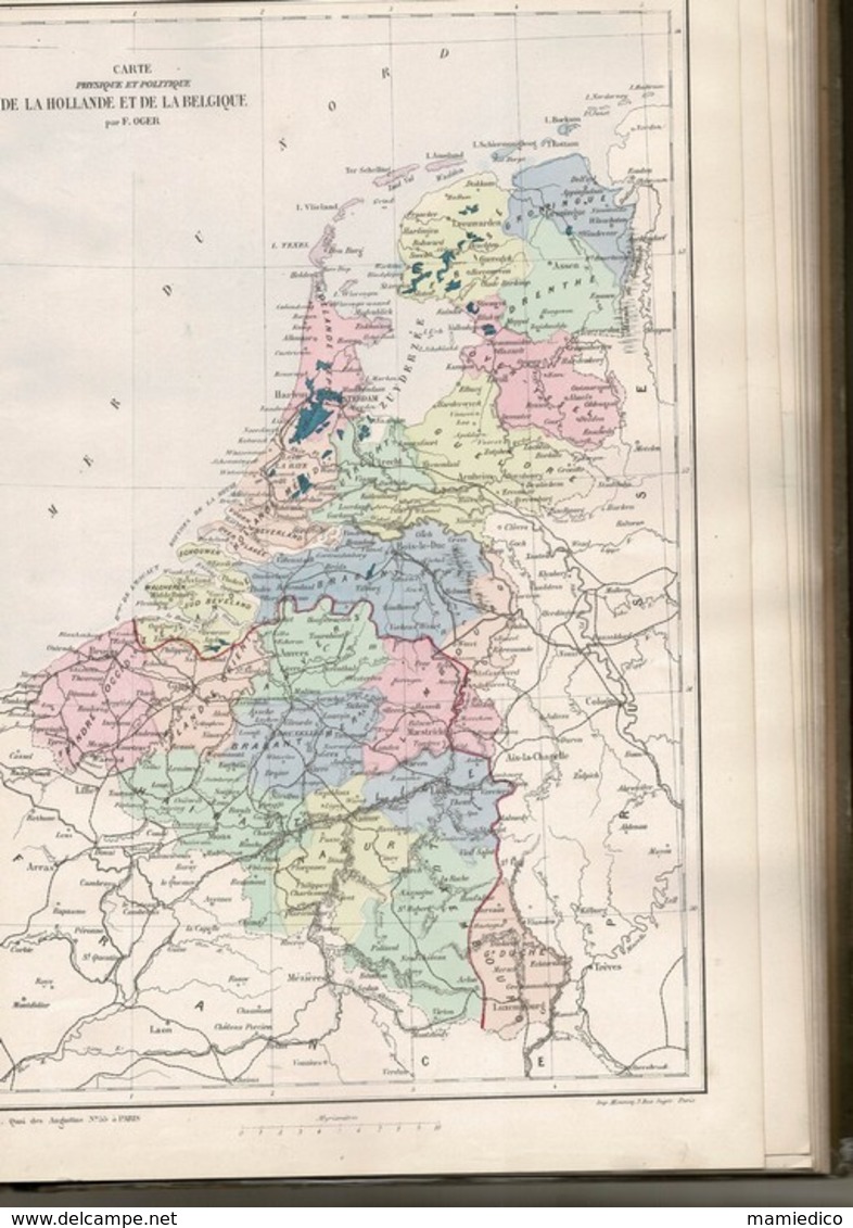 1878 Atlas Géographie Générale par F. OGER contenant 33 cartes coloriées. Atlas :30/43cm, chaque carte dépliée: 51/43 cm